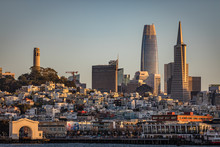 Close Up Of The San Francisco Skyline Showing The Three Most Famous Buildings Just Before Sunset With An Almost Perfectly Clear Sky Seen From The Ferry From Sausalito To San Francisco