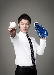 businessman wearing a baseball glove.