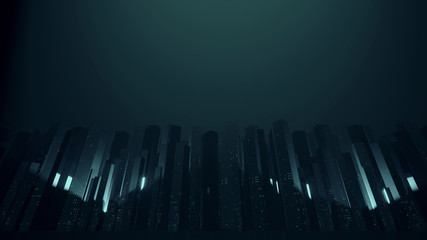 Wall Mural - 3D Rendering of digital city with skyscraper towers and modern retro dark tone light and reflection on sci fi glossy floor. Concept for big data,artificial intelligence,high tech product, machine code