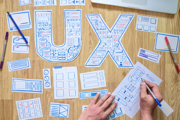 ux designer creative prototype Graphic planning application development for web mobile phone . User experience concept.
