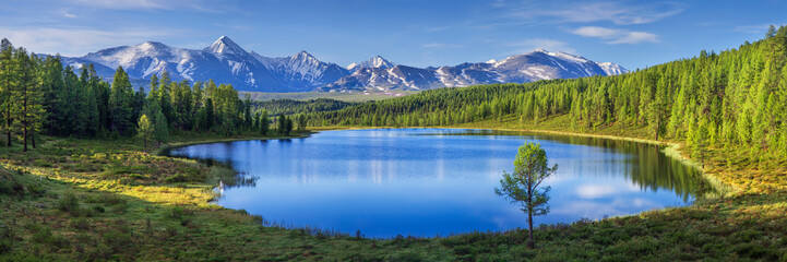 mountain landscape, lake and mountain range, large panorama, altai