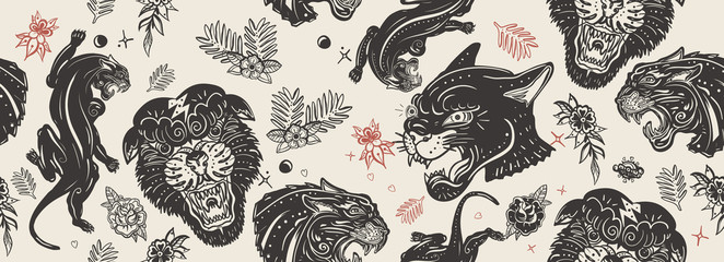 Wall Mural - Black panthers head and roses flowers seamless pattern. Old school tattoo style. Wild cats in jungle, animals background. Traditional tattooing style