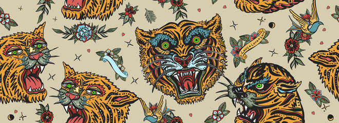 Wall Mural - Tigers seamless pattern. Old school tattoo. Asian wild cats heads. Traditional tattooing, japan art style