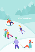 Merry Christmas Or New Year Card With Kids Riding Sledding Slide. Snow Landscape, Winter Snowy Fun Activities. Sled Speed Riding Or Children Holiday Sledge Ride Game Activity Vector Illustration