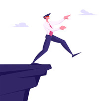 Inexperienced Weak Or Foolish Businessman Take Step Blindfolded On Edge Of Abyss. Crisis Management, Bankruptcy And Dept Concept, Business Man In Dangerous Situation. Cartoon Flat Vector Illustration