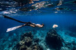 Woman freediver with fins glides underwater with sea turtle in tropical sea. Snorkeling with turtle in ocean.