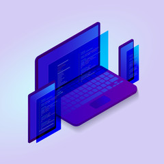 3d isometric programmer code vector icon with laptop, phone and tablet icon with code on the  screens of devices. Design for news, website template, landing page or banner.
