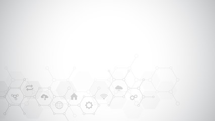 Poster - Technology background with flat icons and symbols. Concept and idea for internet of things, communication, network, innovation technology, system integration. Vector illustration.