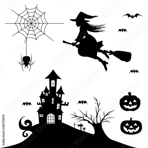 ハロウィン シルエット素材 魔女 かぼちゃ お城 木 お化け屋敷のイラスト Stock Vector Adobe Stock