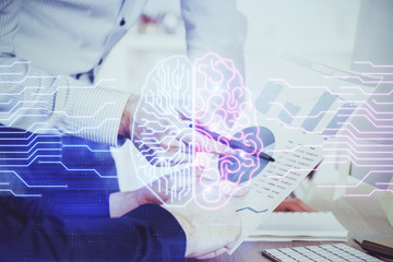 Man with multi exposure atificial intelligence brain icons.