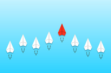 Wall Mural - Leadership and competition concept, with red paper plane leading among white.