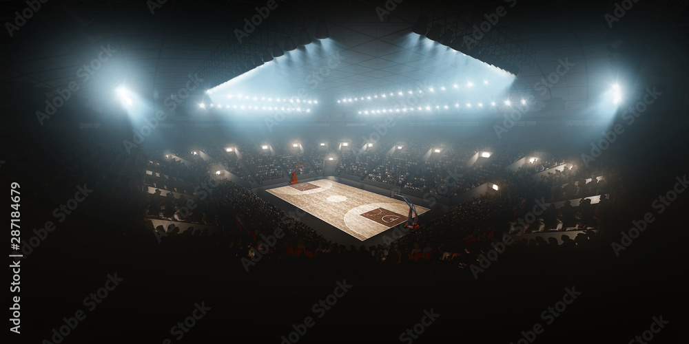 Professional floodlit basketball arena with spectators and fans cheering. High angle view - obrazy, fototapety, plakaty 