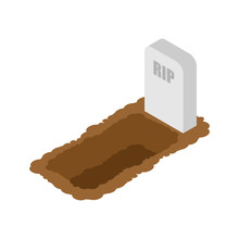 Open Grave Isolated. Stone Tombstone Stands. Vector Illustration