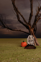 Wall Mural - fresh grave with tombstone and pumpkin