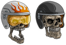 Cartoon Detailed Realistic Colorful Scary Human Skulls In Motorbike Racing Protective Sport Helmet With Clear Glass Visor And Fire. Isolated On White Background. Vector Icon Set.
