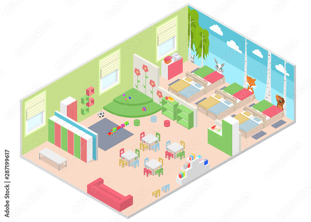 Kindergarten Room Interior with Furniture Isometric View. Vector Stock ...