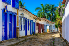 Street Of Historical Center In Paraty, Rio De Janeiro, Brazil. Paraty Is A Preserved Portuguese Colonial And Brazilian Imperial Municipality