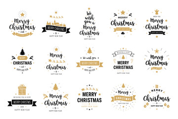 Sticker - Merry Christmas. Happy New Year, typography lettering badge emblems quotes set collection. Vector logo design for postcard, invitation, greeting card,  poster