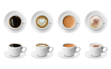 3d realistic different sorts of coffee in white cups view from the top and side. Cappuccino latte americano espresso cocoa in realistic cups.