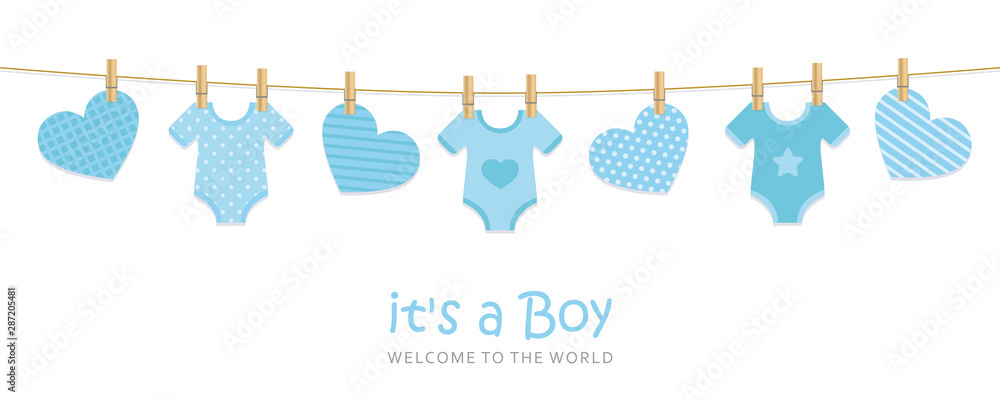 its a boy welcome greeting card for childbirth with hanging hearts and bodysuits vector illustration EPS10 - obrazy, fototapety, plakaty 