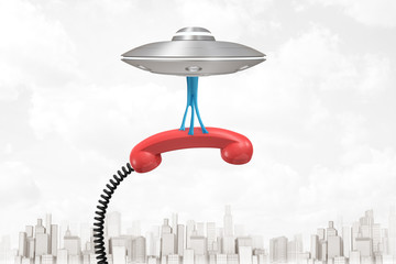Wall Mural - 3d rendering of silver metal ufo carrying red retro telephone receiver on white city skyscrapers bac