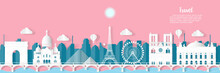 Travel French Architecture Of Paris Landmark In France Cityscape And The River With Panoramic Views , Origami Style Paper For Travel Postcards, Vector Illustration.