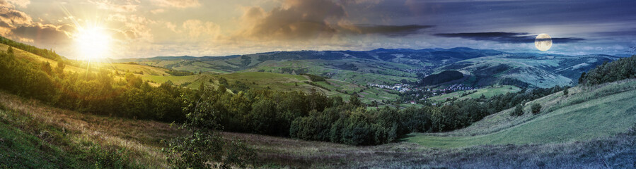 Wall Mural - panorama of time change in springtime countryside with sun and moon. grassy hills and meadows. trees