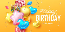 Happy Birthday Background With Colorful Balloons And Sweets.  Vector Illustration