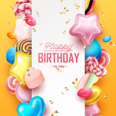 Happy Birthday background with colorful balloons and sweets.  Vector illustration