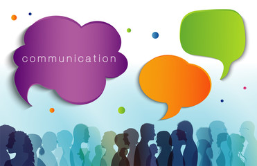 Wall Mural - Multi-ethnic people dialogue. Diverse people. Large isolated group people in profile talking silhouette. Speech bubble. Crowd speaks. Concept to communicate. Social networking. Clouds. Talk