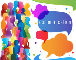 Sticker - Social networking. Diverse people. Large isolated group people in profile talking silhouette. Speech bubble. Crowd speaks. Concept to communicate. Multi-ethnic people dialogue. Clouds. Talk