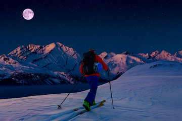 Fototapete - Skiing with amazing view of swiss famous mountains in beautiful winter snow  Mt Fort. The matterhorn and the Dent d'Herens. In the foreground the Grand Desert glacier.
