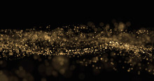 Gold Glitter, Light Particles Wave Splash On Black Background. Shining Gold Sparks, Shimmering Sparkles Glow, Magic Bright Glitter With Bokeh Effect