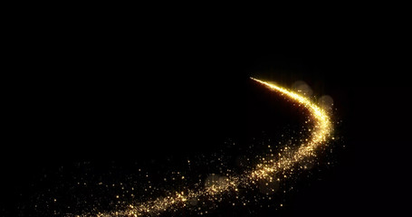 Aufkleber - Golden glitter light tail, sparkling shine glow wave trail. Gold glittering magic shimmer, glowing golden light sparks on black background