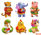 Fototapeta Fototapety na ścianę do pokoju dziecięcego - Funny animals. Tiger, elephant, pig, snake, chicken, unicorn. 3d vector icon set