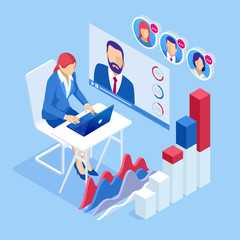 Wall Mural - isometric business training online or business people in a video conference at business meeting conc