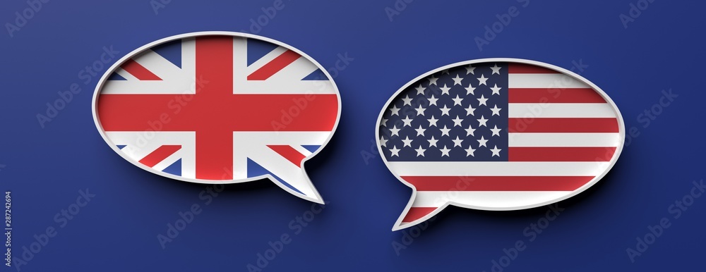 English and american flag speech bubbles against blue background, banner. 3d illustration - obrazy, fototapety, plakaty 