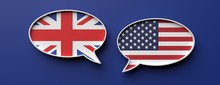 English And American Flag Speech Bubbles Against Blue Background, Banner. 3d Illustration