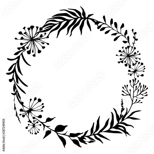 Circle Floral Frame With Black Silhouettes Of Meadow Herbs Floral