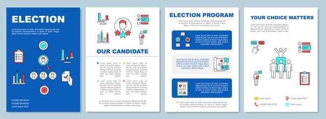 Election brochure template layout. Candidate and voting program. Flyer, booklet, leaflet print design, linear illustrations. Vector page layouts for magazines, annual reports, advertising posters