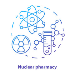 Pharmacy concept icon. Nuclear medication idea thin line illustration. Radioactive element research. Chemotherapy and radioactive drugs. Vector isolated outline drawing