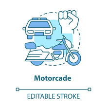 Motorcade Concept Icon. Vehicles Procession Idea Thin Line Illustration. Police Car, Motorcycle And Fist Vector Isolated Outline Drawing. Political Transportation, Security Cortege. Editable Stroke