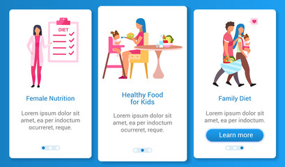 Healthy family onboarding mobile app screen vector template. Balanced nutrition for adults, kids walkthrough website steps with flat characters. UX, UI, GUI smartphone cartoon interface concept