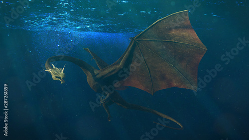 dragon, magical creature is swimming in the ocean (3d fantasy illustration) Poster Mural XXL