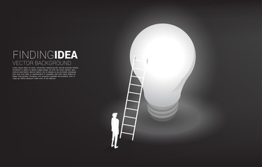 Poster - Silhouette of businessman standing with ladder on light bulb . Business Concept of creative idea and solution.
