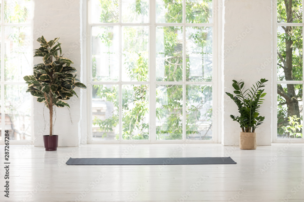 Yoga studio interior with windows, plants and unrolled mat - obrazy, fototapety, plakaty 
