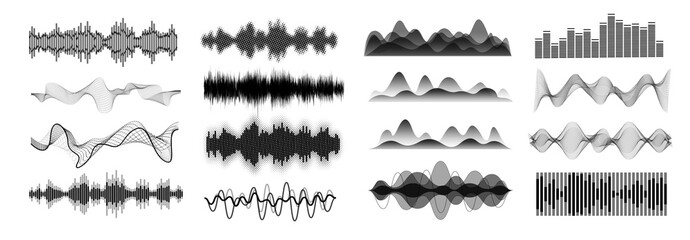 Aufkleber - Different sound waves black  isolated on white background. Equalizers template. Music audio frequency, voice line waveform, electronic radio signal, volume level symbol, curve radio, waves set. Vector