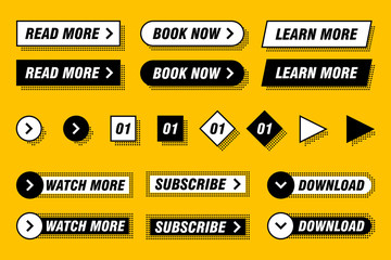 Set of modern buttons in different designs and colors like yellow, black, white. Ready to use in your web page or mobile app design