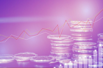 Double exposure of graph and rows of coins for finance and business concept, Financial investment concept, Forex trading candlestick chart economic, ECN Digital economy, business and money, Marketing.