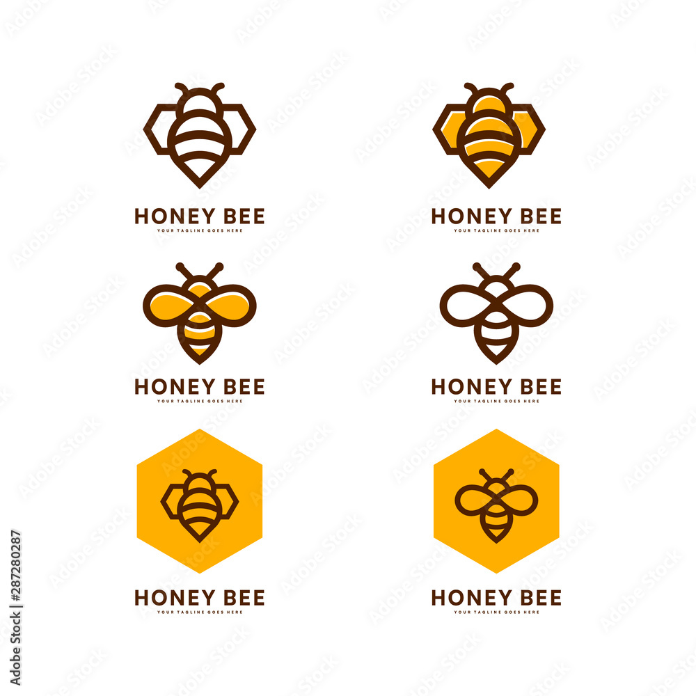 Honey bee set. Vector. Set of honey and bee labels for honey logo products. Isolated insect icon. Flying bee. Flat style vector illustration. - obrazy, fototapety, plakaty 